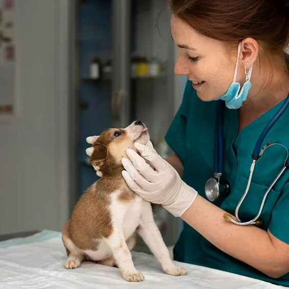 Veterinaria revisando a un cachorro en la clínica